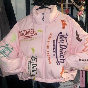 Von Dutch Light Pink Graphic Puffer Jacket